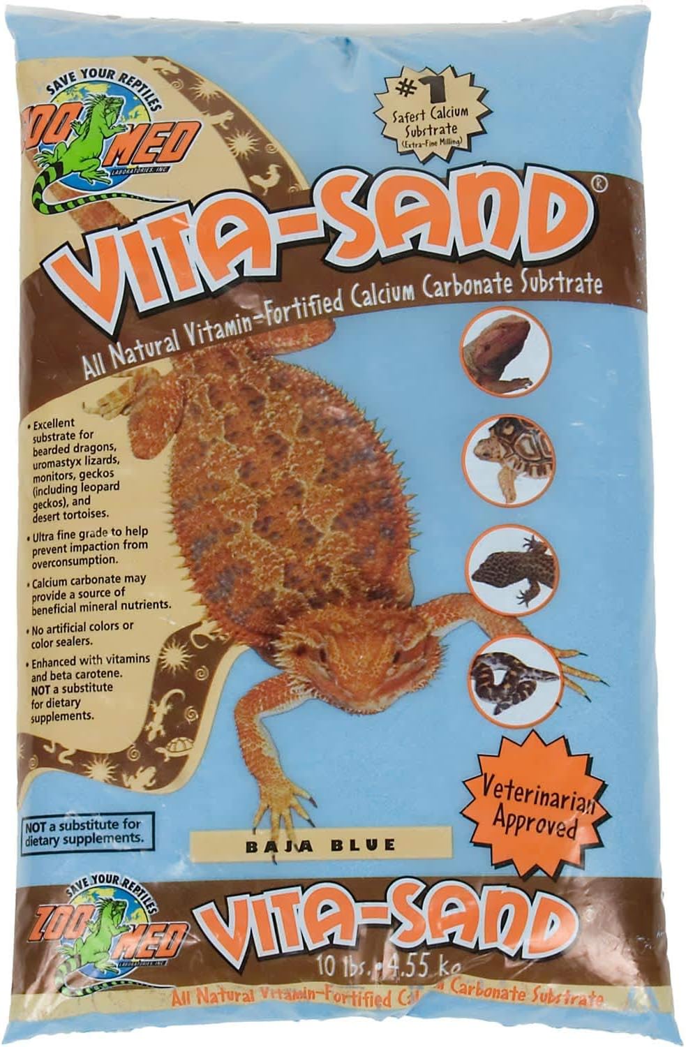Zoo Med Vita Sand Baja Blue 10 Pounds bag front view for reptiles