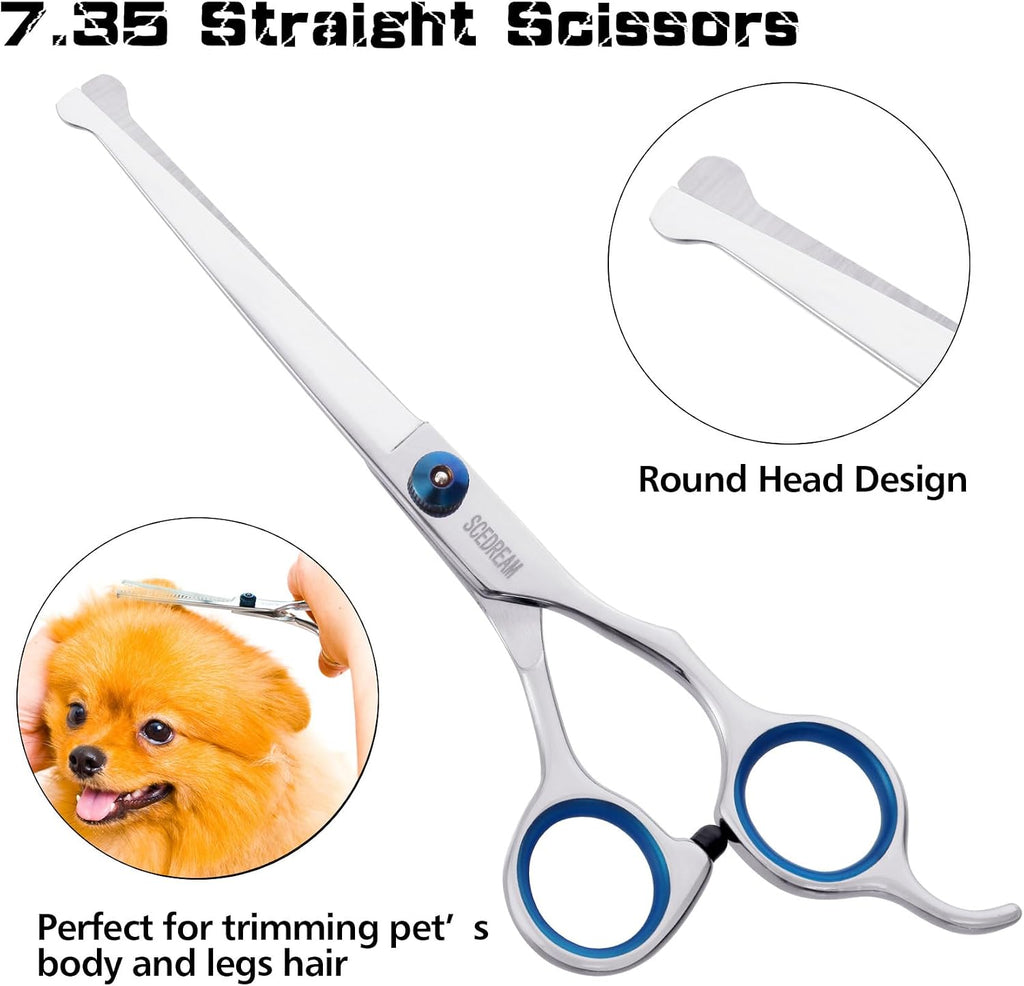Blue rubberized finger inserts on ergonomic pet grooming scissors kit