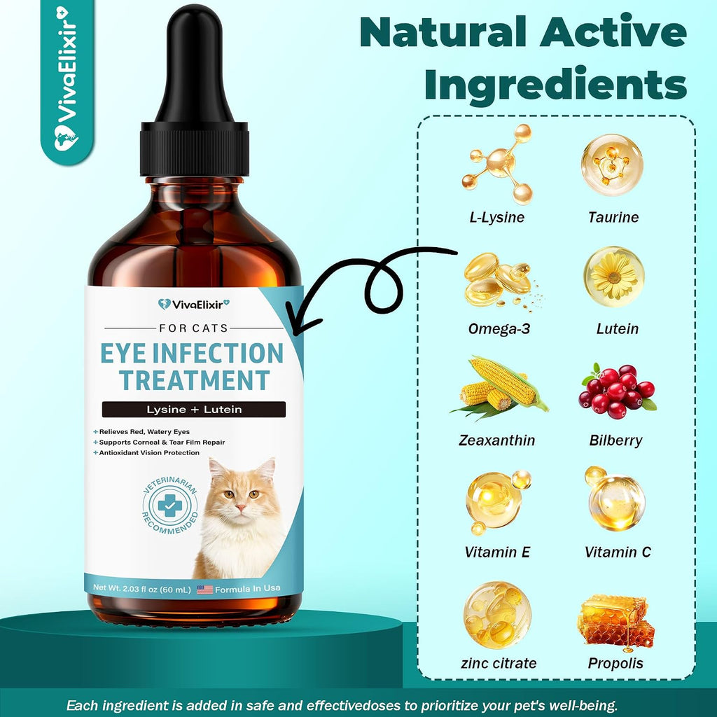 Palatable oral cat eye care drops bottle with mild chicken flavor packaging details