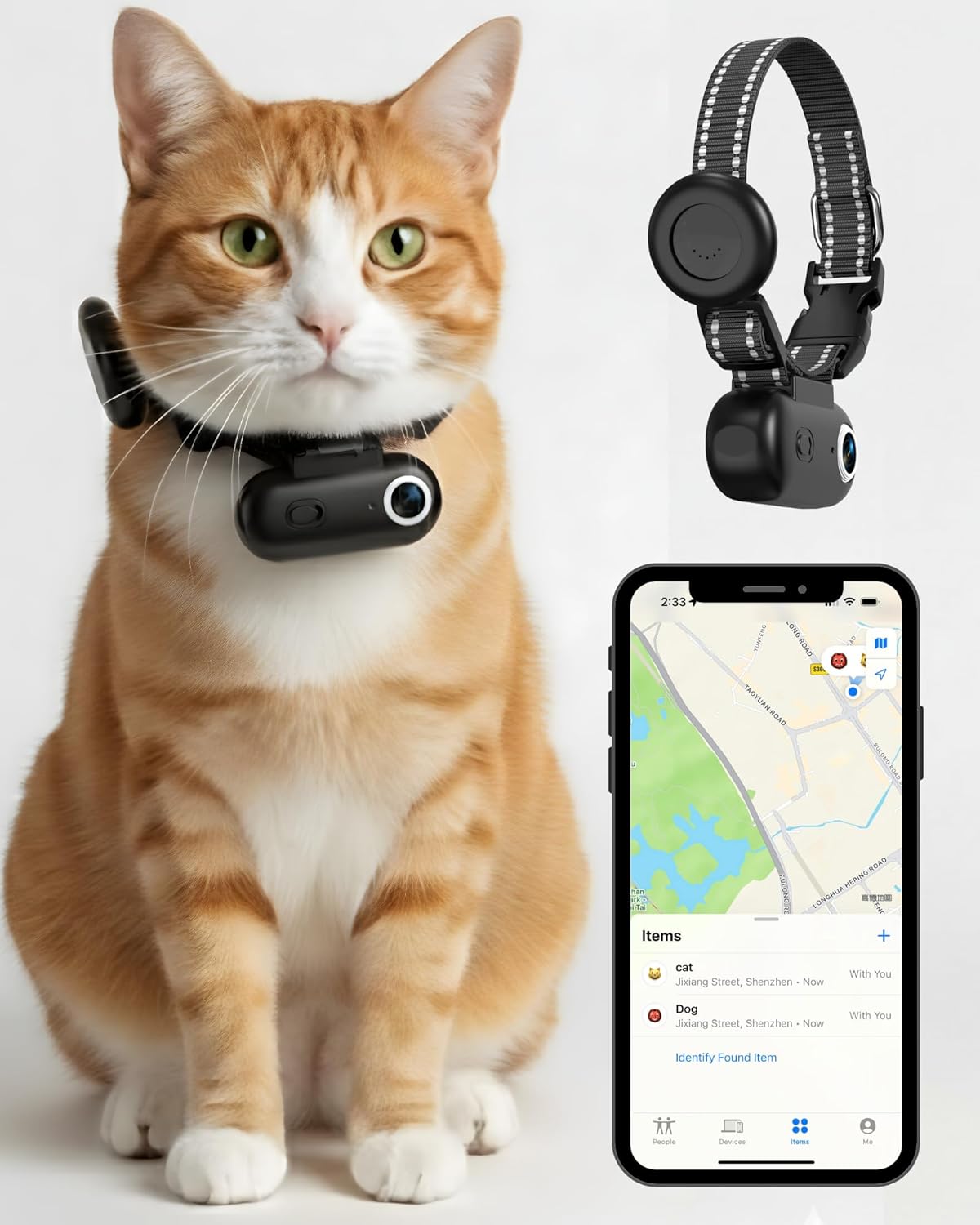 ZoomaraKam cat camera collar front view with tracker tag