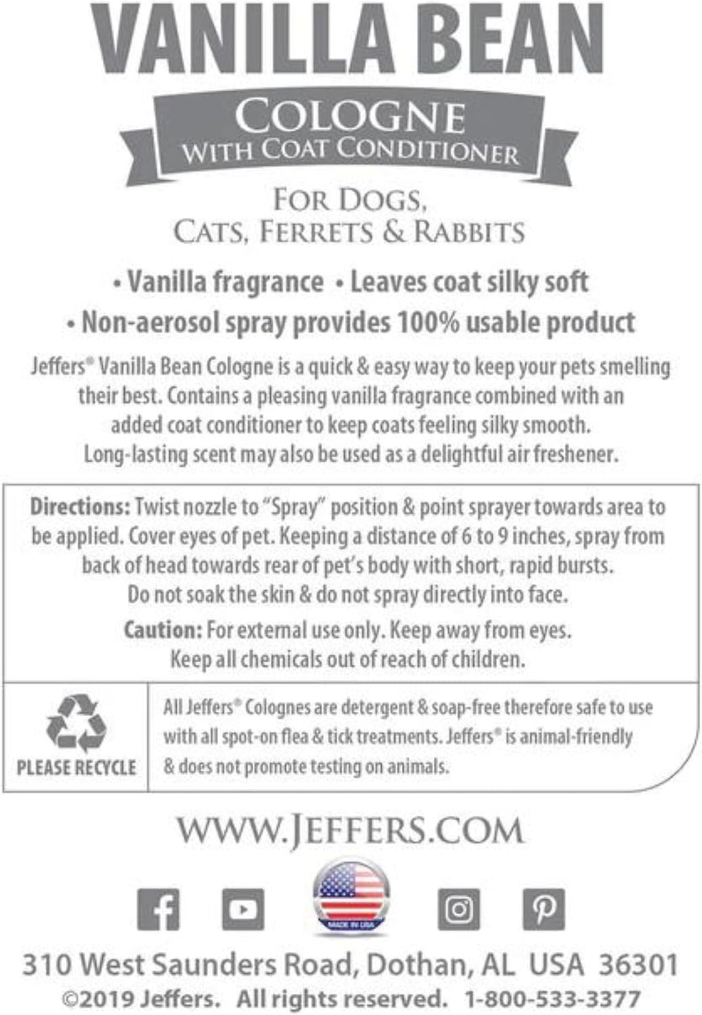 Authentic USA imported Jeffers pet vanilla bean deodorizer bottle showcasing product details.