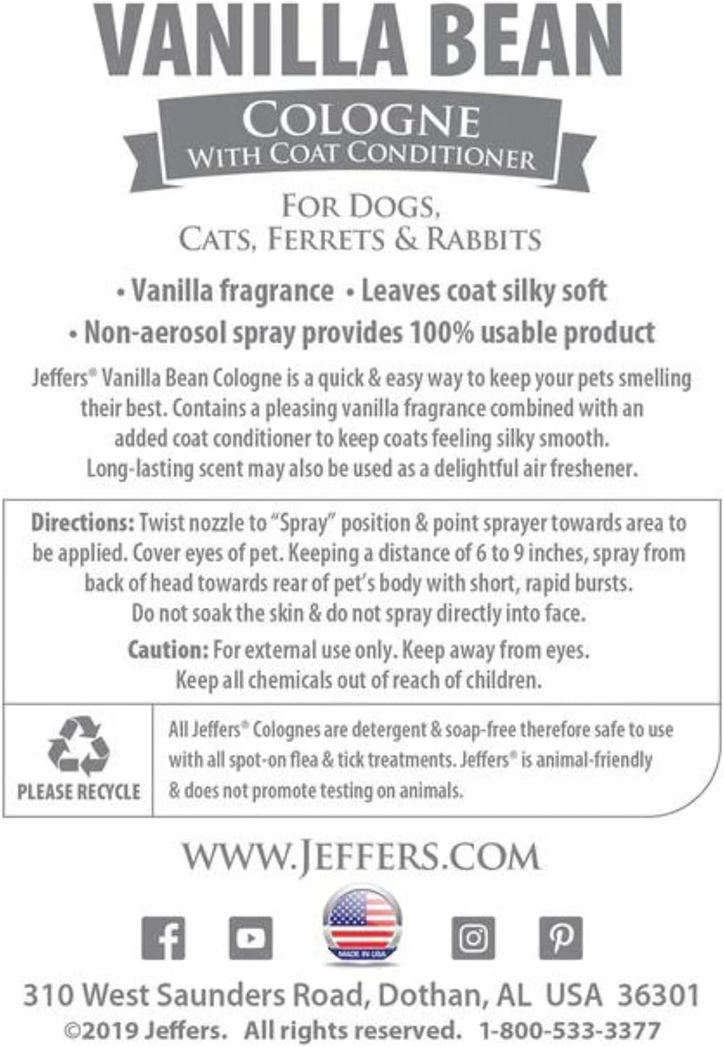 Authentic USA imported Jeffers pet vanilla bean deodorizer bottle showcasing product details.