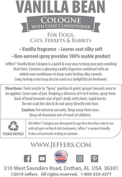 Authentic USA imported Jeffers pet vanilla bean deodorizer bottle showcasing product details.