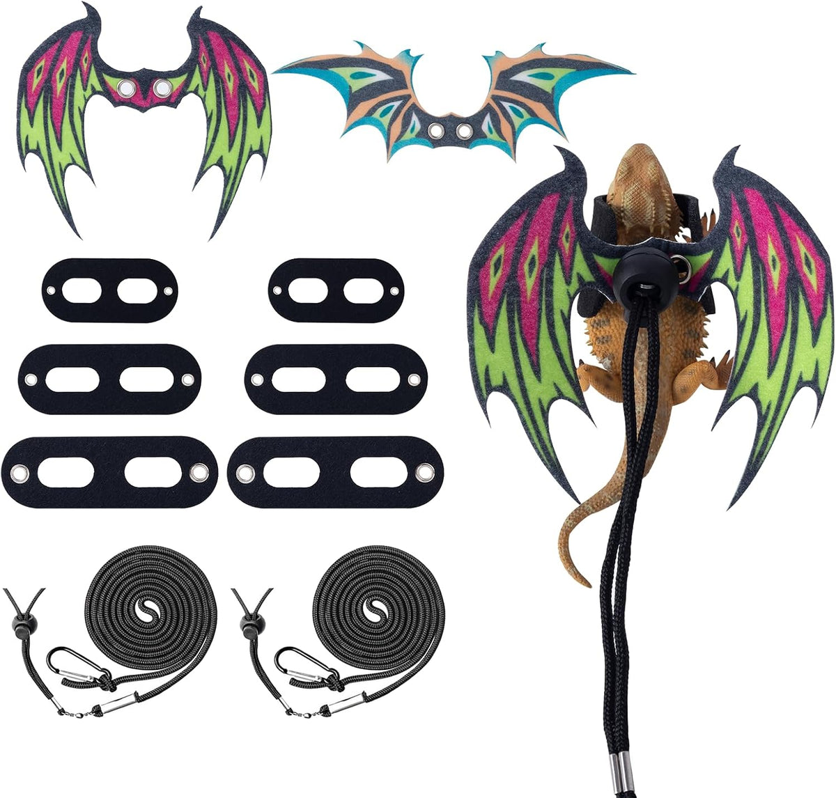COMSUN bearded dragon lizard harness leash set front view showcasing the multicolor dinosaur wings and adjustable straps.