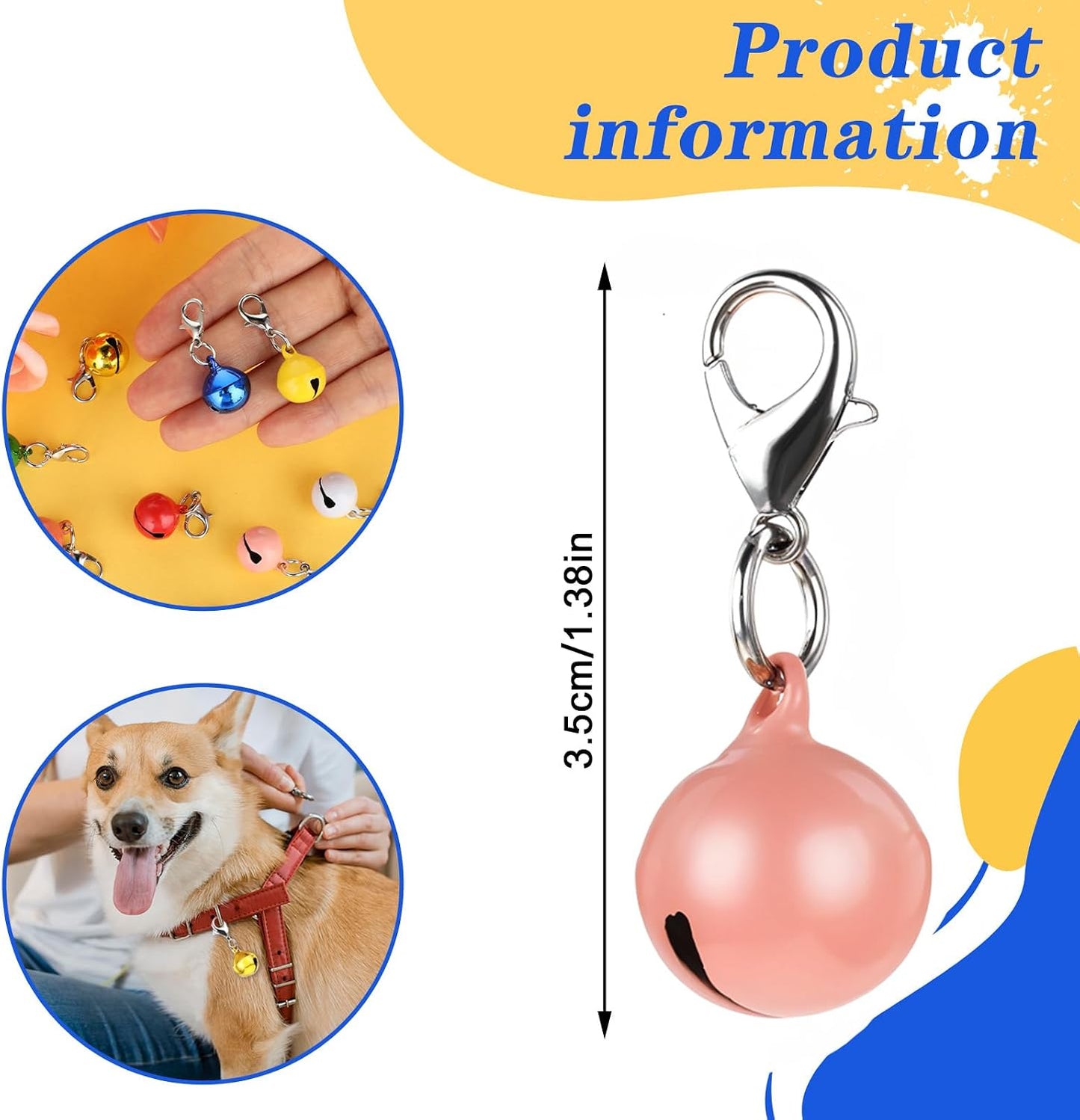 Close up view of small colorful metal bells for dog training with lobster clasps attached.