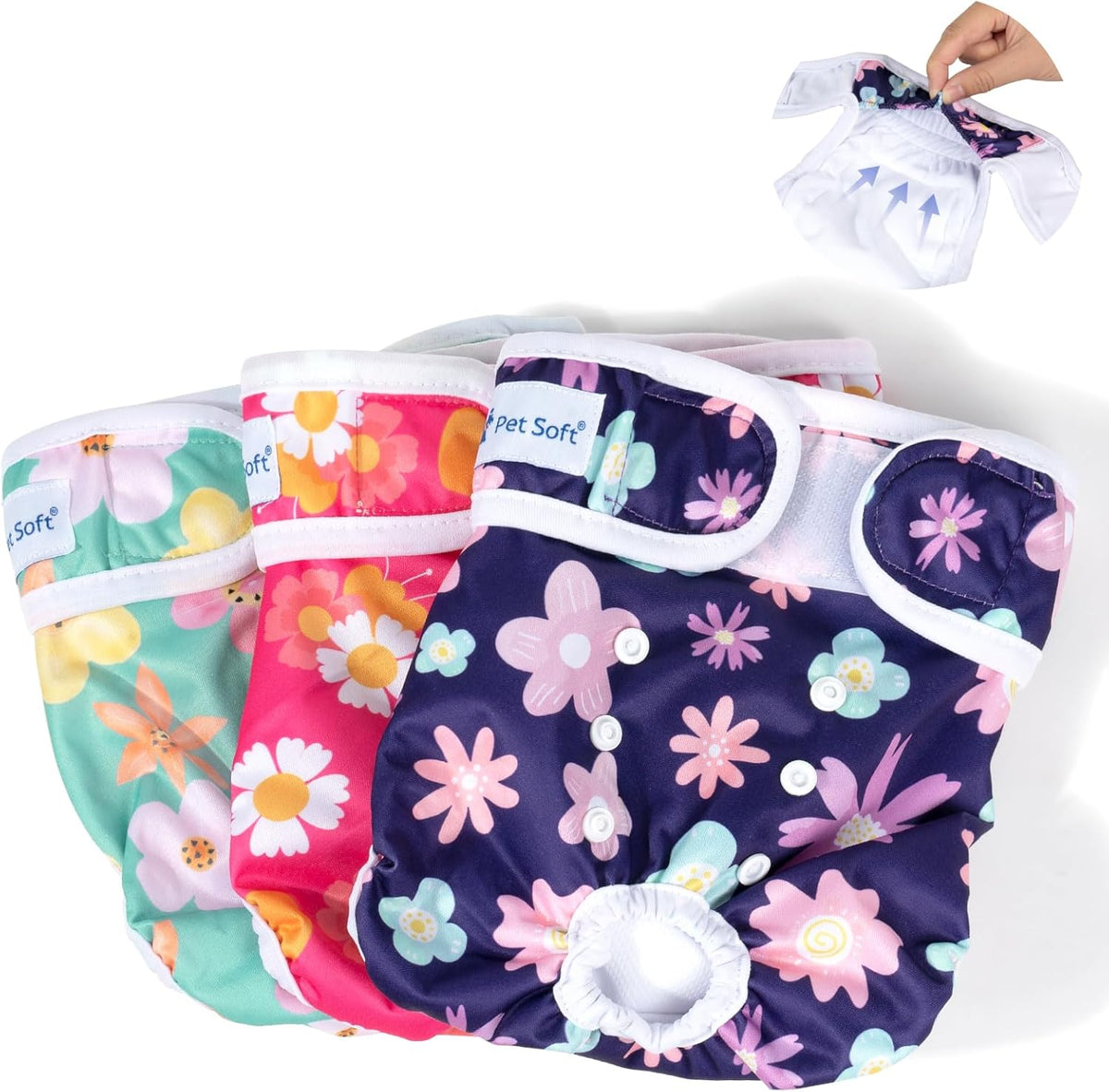 Pet Soft Washable Female Dog Diapers front view showing the Bloom floral pattern.