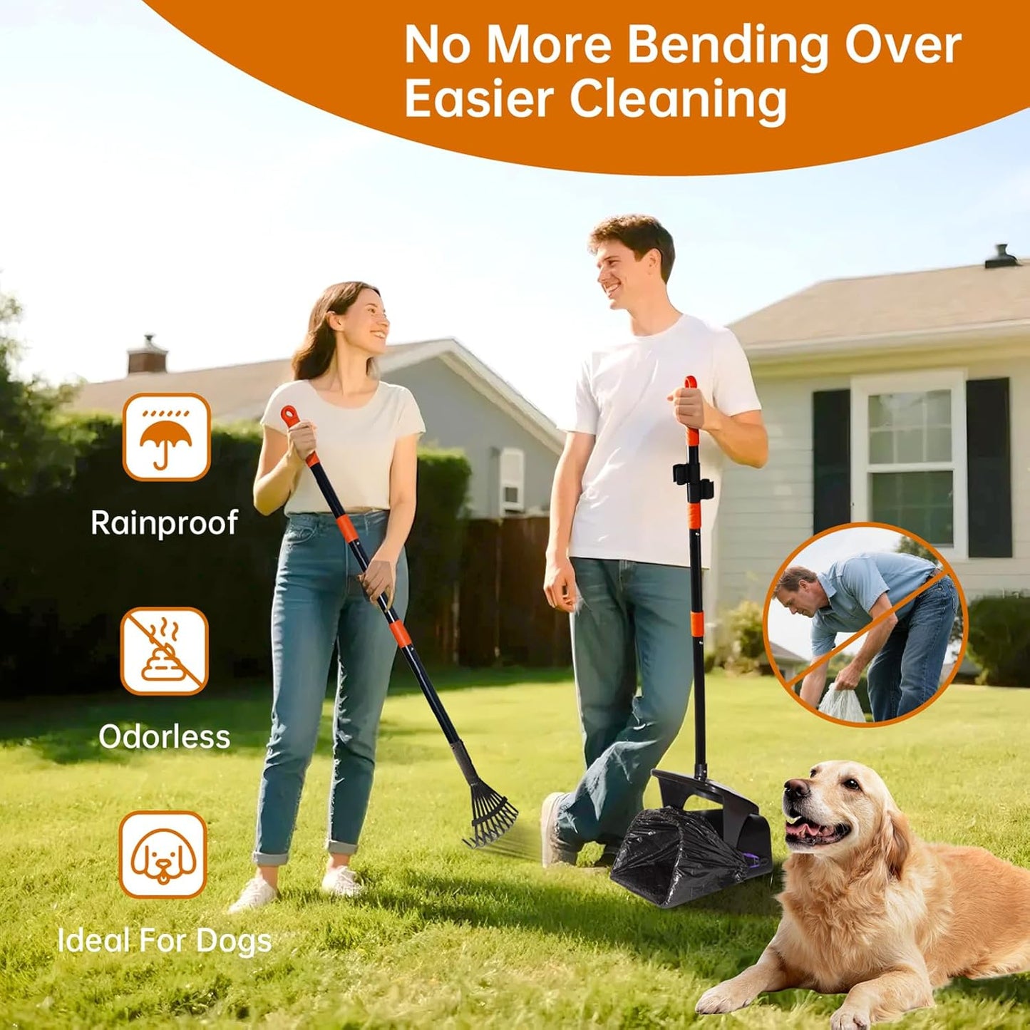 Nibnozy heavy duty pet waste scoop with rake and spade accessories displayed on outdoor grass.