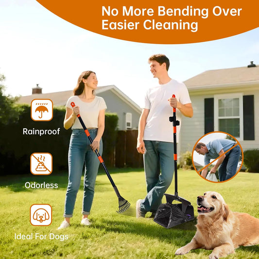 Nibnozy heavy duty pet waste scoop with rake and spade accessories displayed on outdoor grass.
