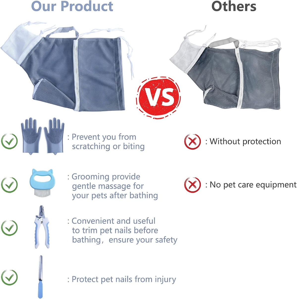 KlerRoem pet shower mesh kit with included stainless steel nail clippers and file.