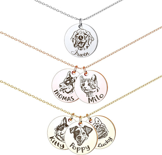 Anavia personalized pet portrait necklace round disc pendant front view