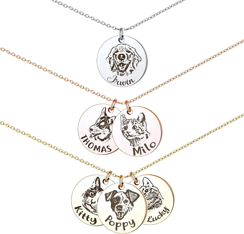 Anavia personalized pet portrait necklace front view showing laser engraved dog sketch on gold disc charm