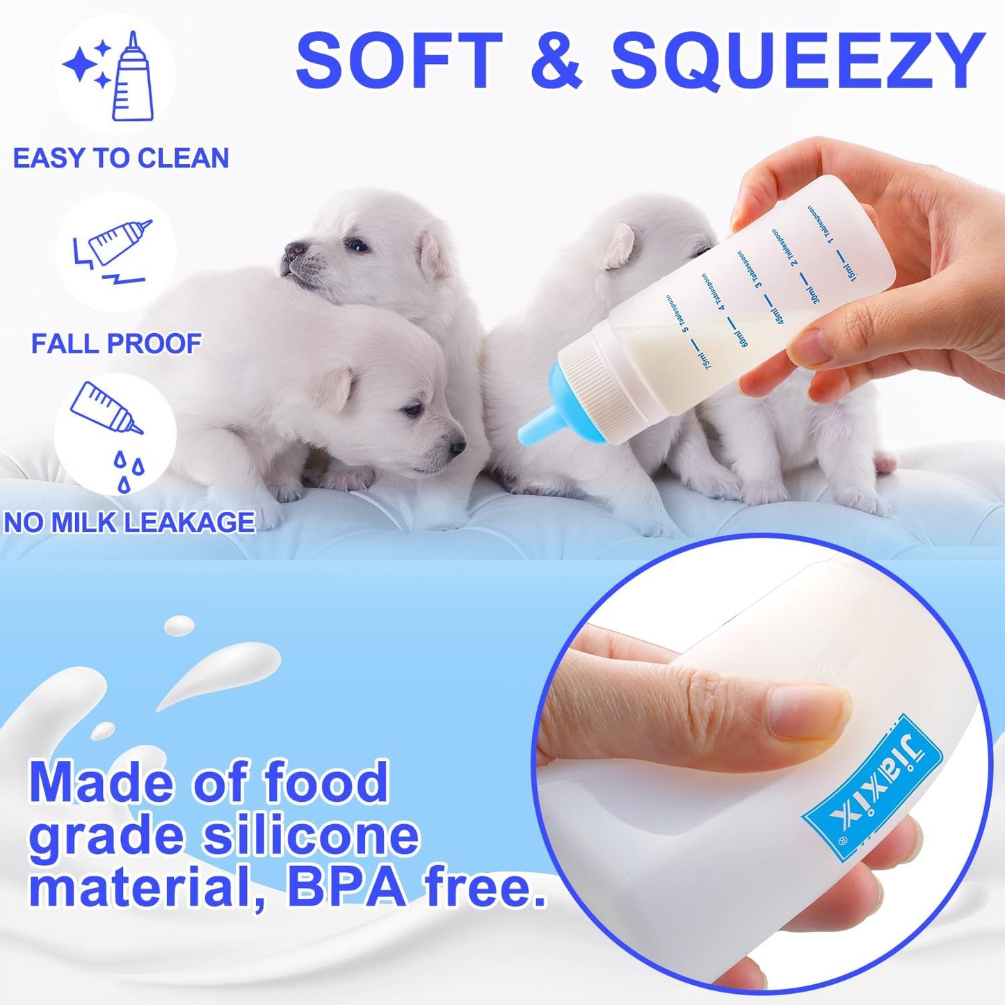 3 Pack Kitten Silicone Bottle Feeding Kit,Nipple & Feeding Kit for Kittens, Reusable Newborn Kitten Supplies, Suitable for Feeding Kitten, Puppy, Rabbit,Hamster (Blue, Large) - Image 6