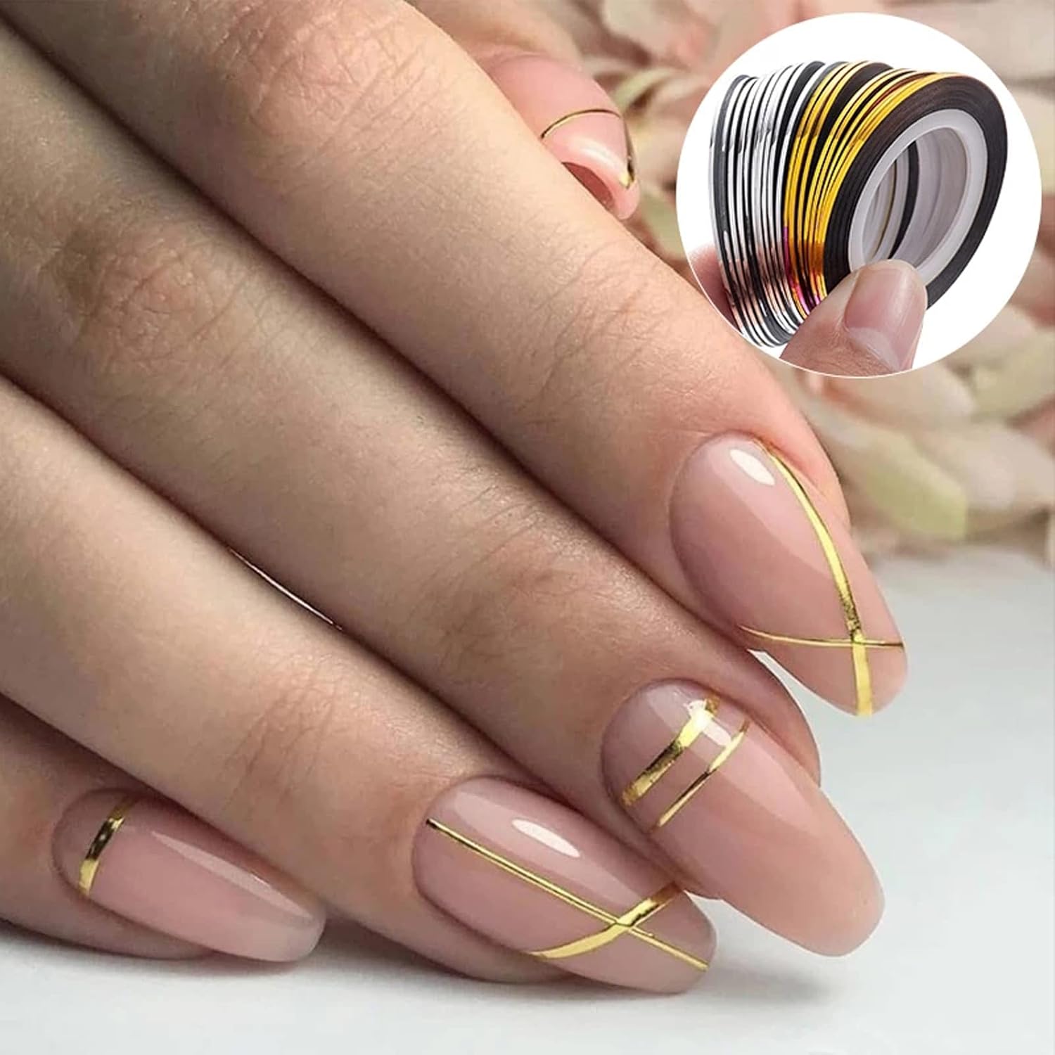 Vonrui 20 pieces glitter gold and silver nail art striping tape rolls front view
