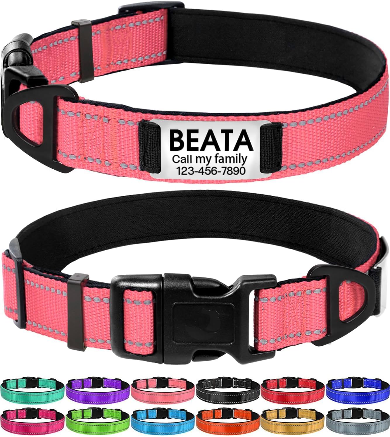 Joytale Personalized Dog Collars with Engraved Name Plate, Silent No Jingle Custom Nylon Collar with Fixed ID Tag, Reflective Soft Neoprene Padded Breathable for Medium Dogs, Hotpink - Image 12