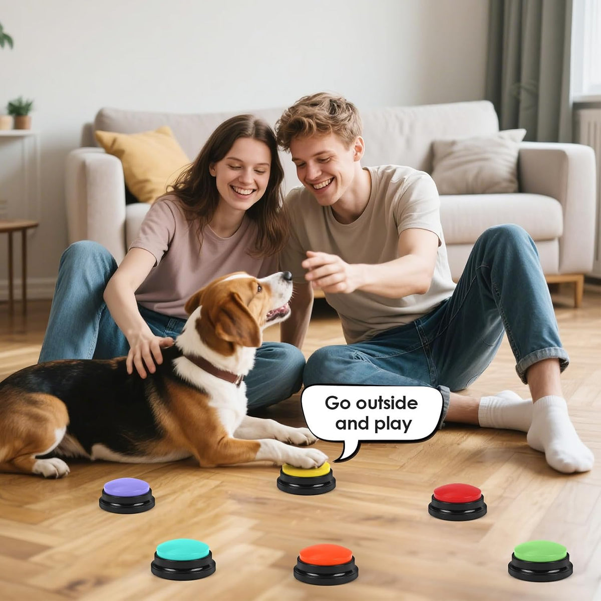 Package layout of lazycozy six piece recordable pet communication buzzers starter set.