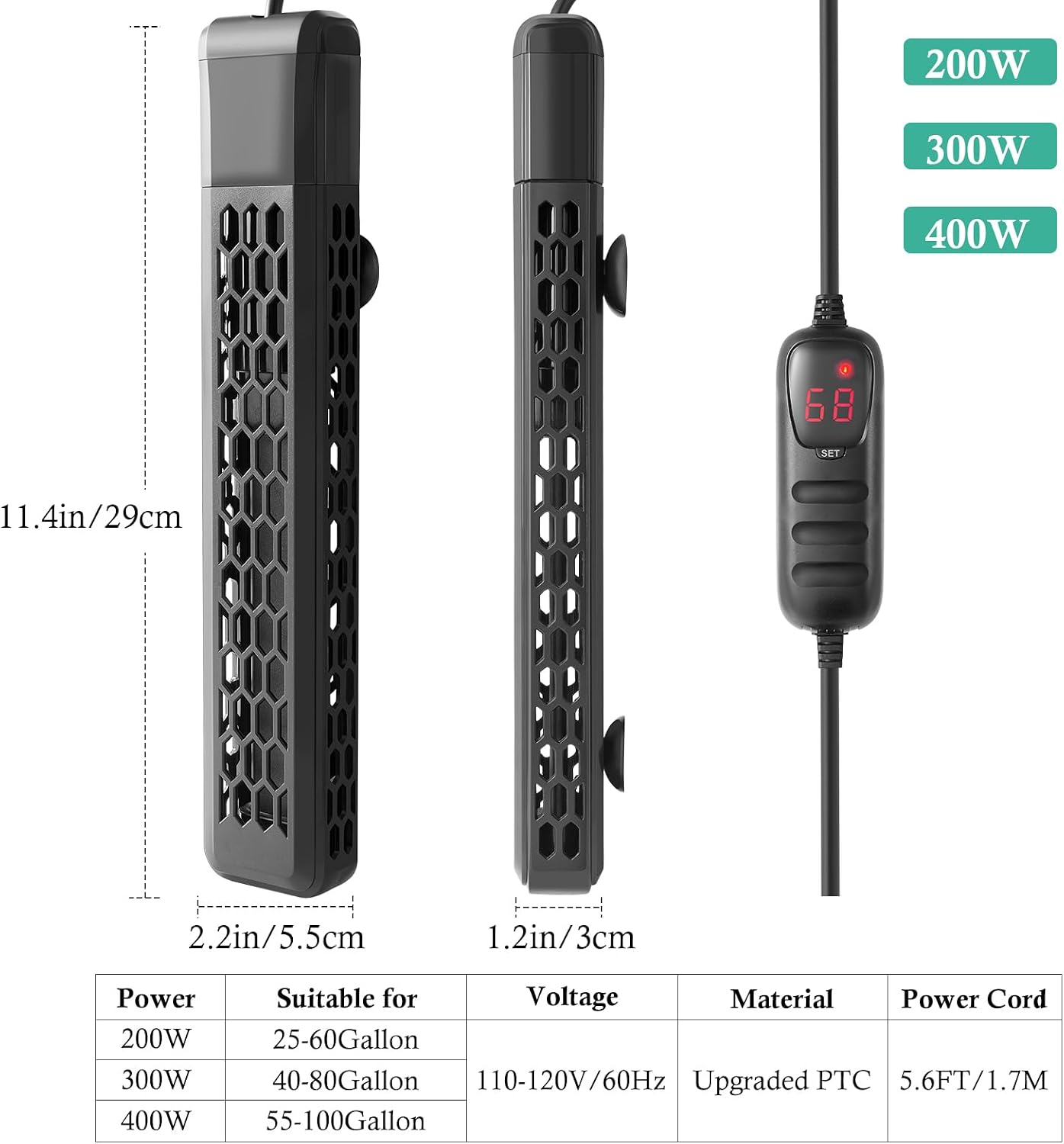 Submersible fish tank heater with protective cover attached showing premium build quality.