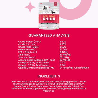 Omega three and six rich wet dog food squeeze pouch details
