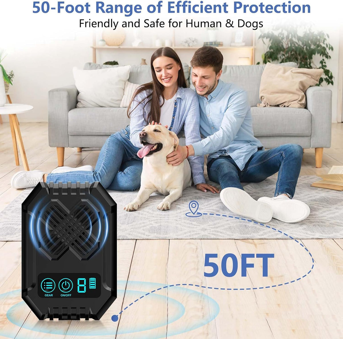 Compact handheld dog bark control device in outdoor setting