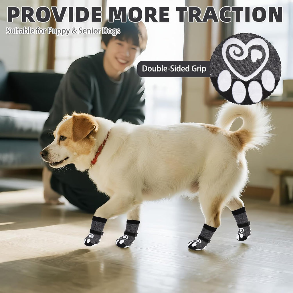 Dog wearing Kooltail anti slip socks on hardwood