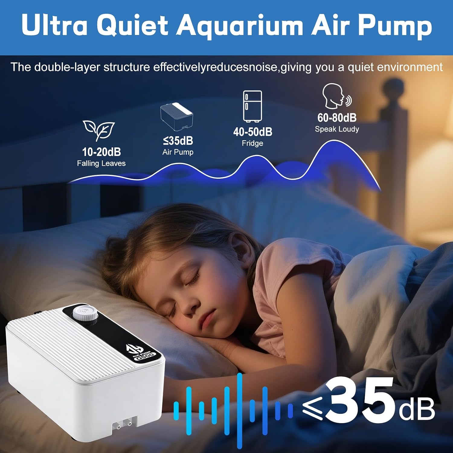Side profile of quiet aquarium air pump for fish tanks