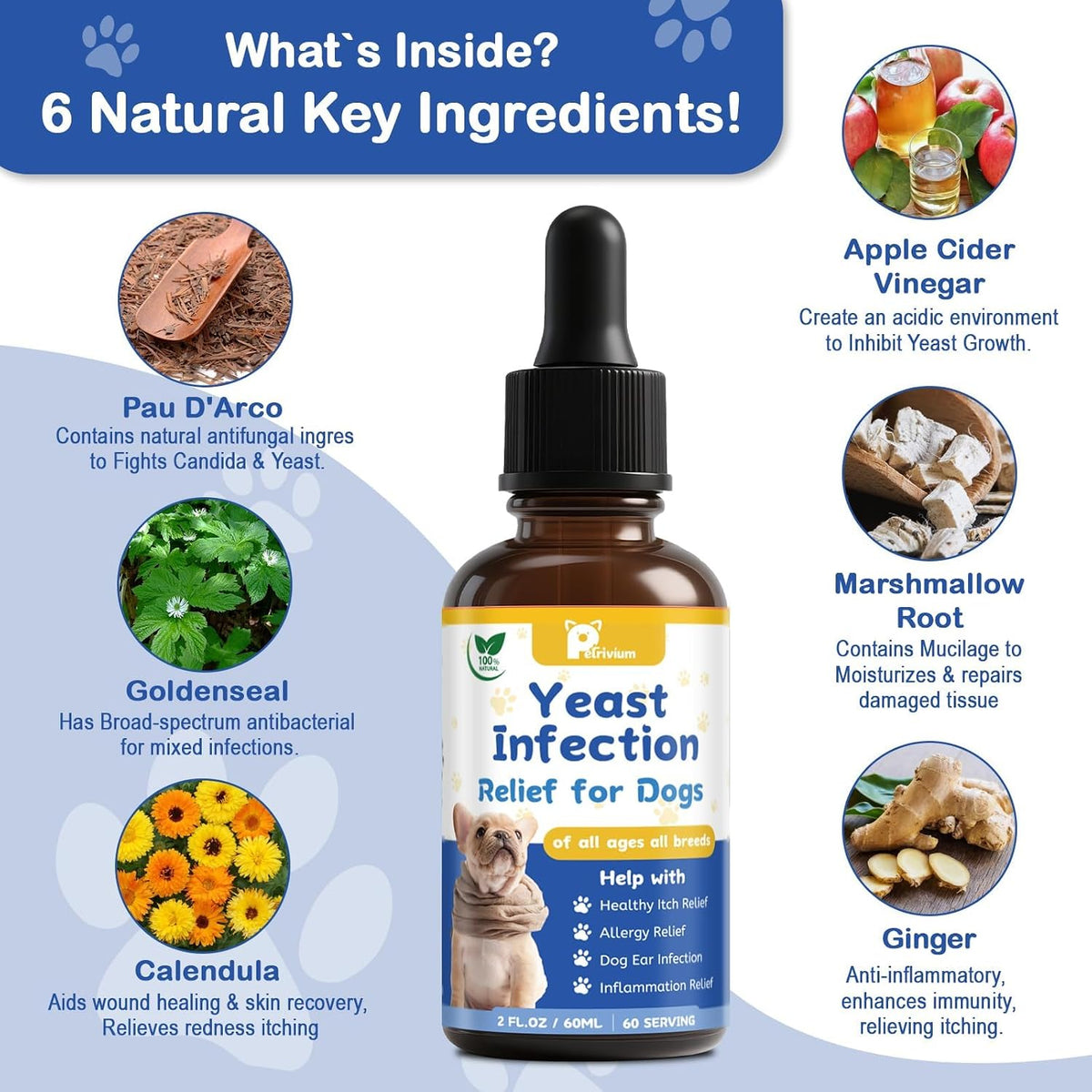 Natural ingredients list on the back label of Herlosfeel pet supplement.