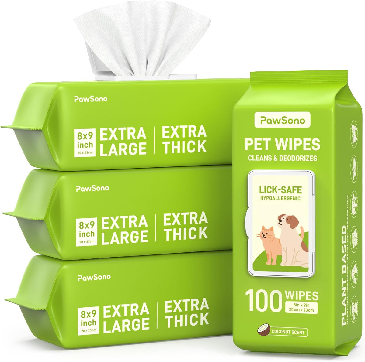 PawSono hypoallergenic pet wipes front packaging view for dogs and cats.