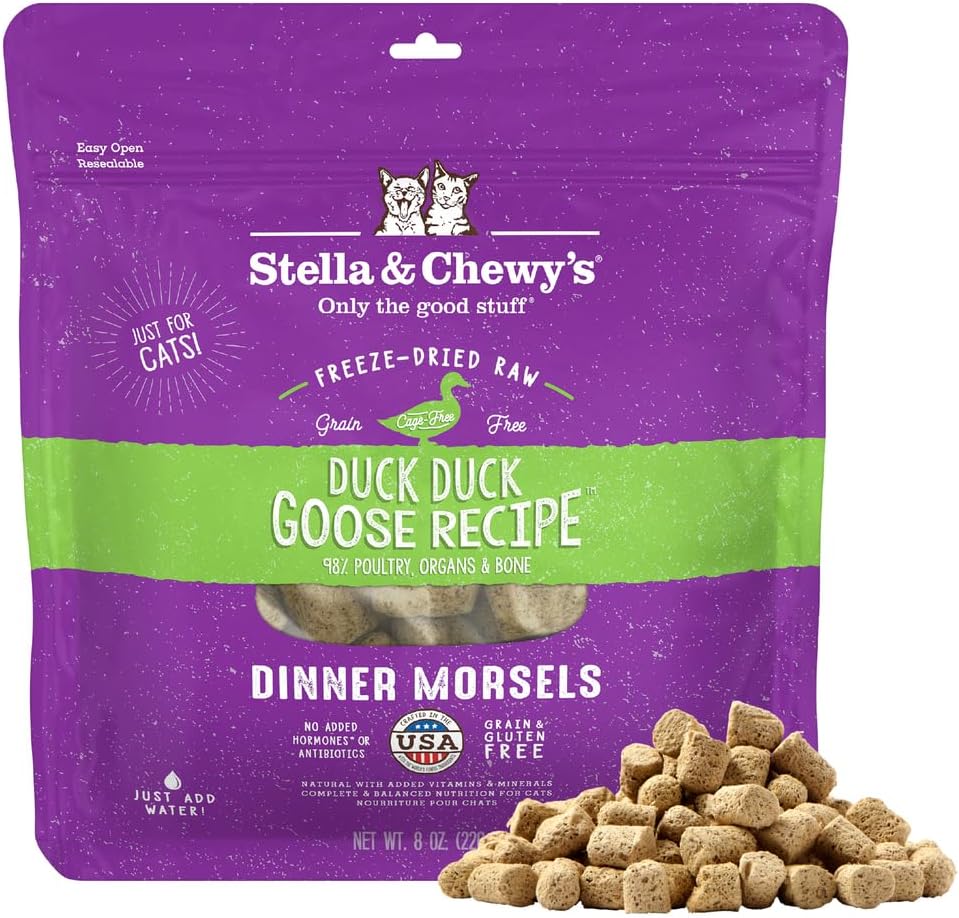 Stella & Chewy's Freeze-Dried Raw Cat Dinner Morsels - Premium Duck & Goose Recipe with 98% Cage-Free Poultry & Organs - Natural Grain-Free Cat & Kitten Food - Made in USA - 8 oz - Image 1