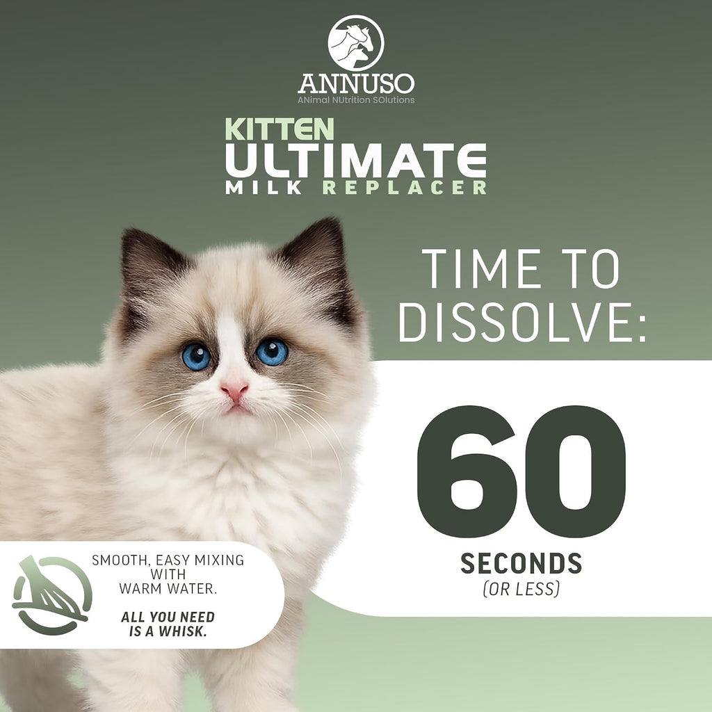 Easy mix ANNUSO baby kitten replacement milk powder container showing ingredient details.