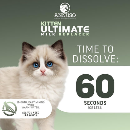 Easy mix ANNUSO baby kitten replacement milk powder container showing ingredient details.