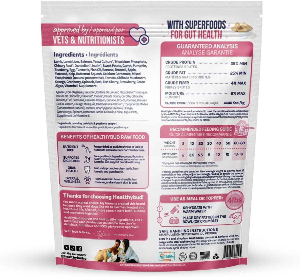 Healthybud raw dog food patties packaging label
