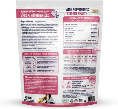 Healthybud raw dog food patties packaging label