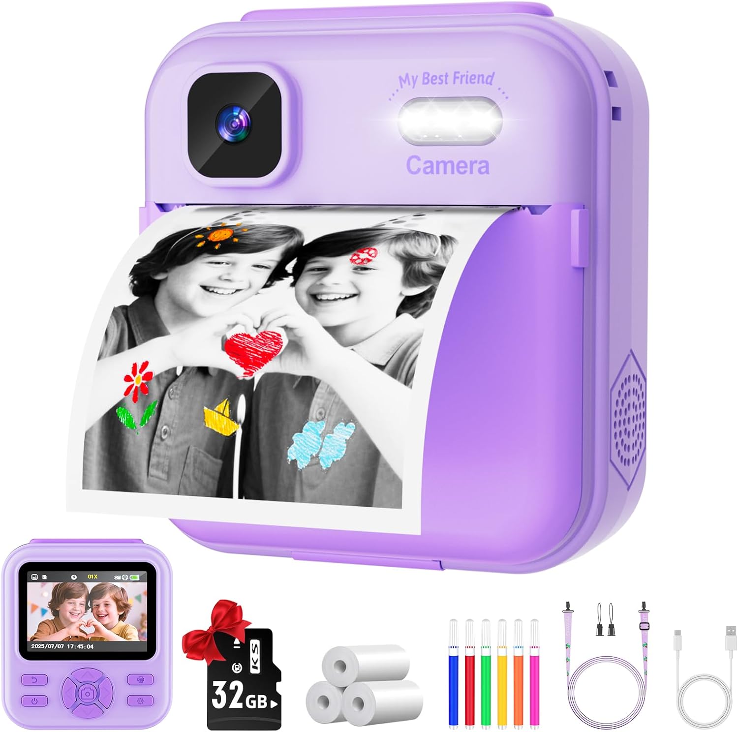 Qnxoatr kids camera instant print purple front view showcasing lens screen and buttons