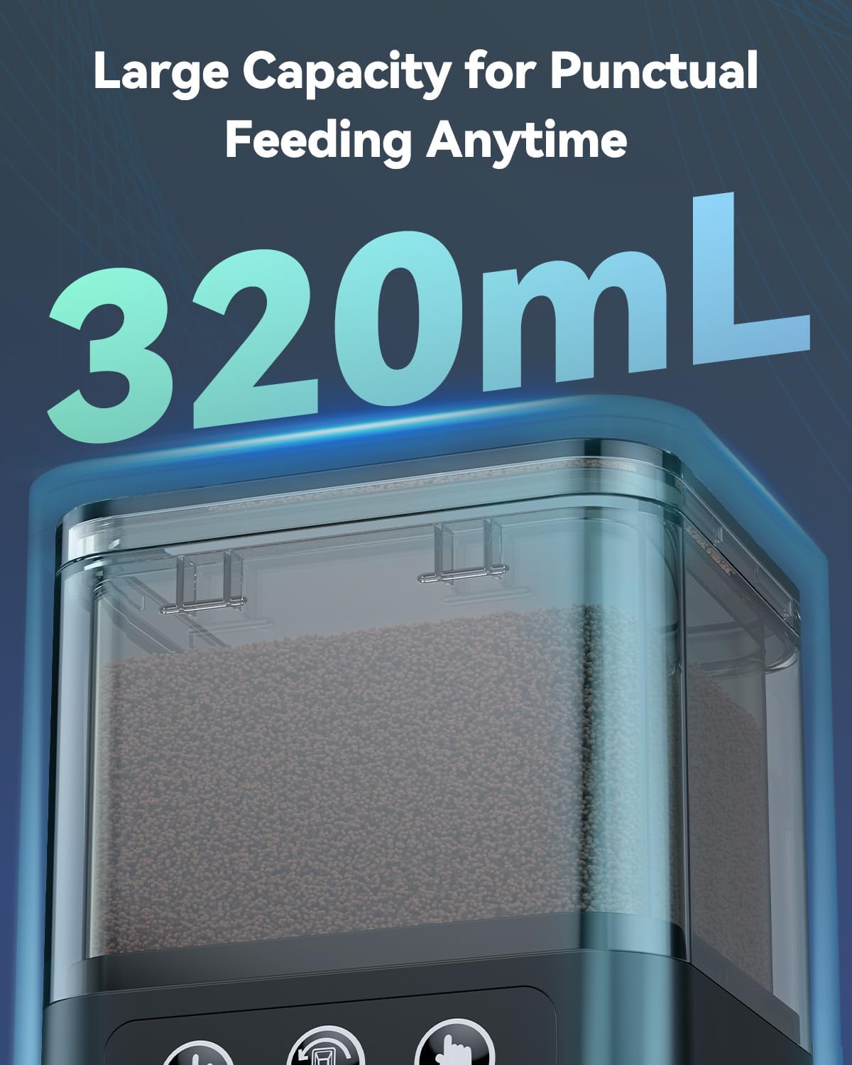 Pawfly rechargeable fish food dispenser highlighting the 320 Milliliters transparent food storage compartment