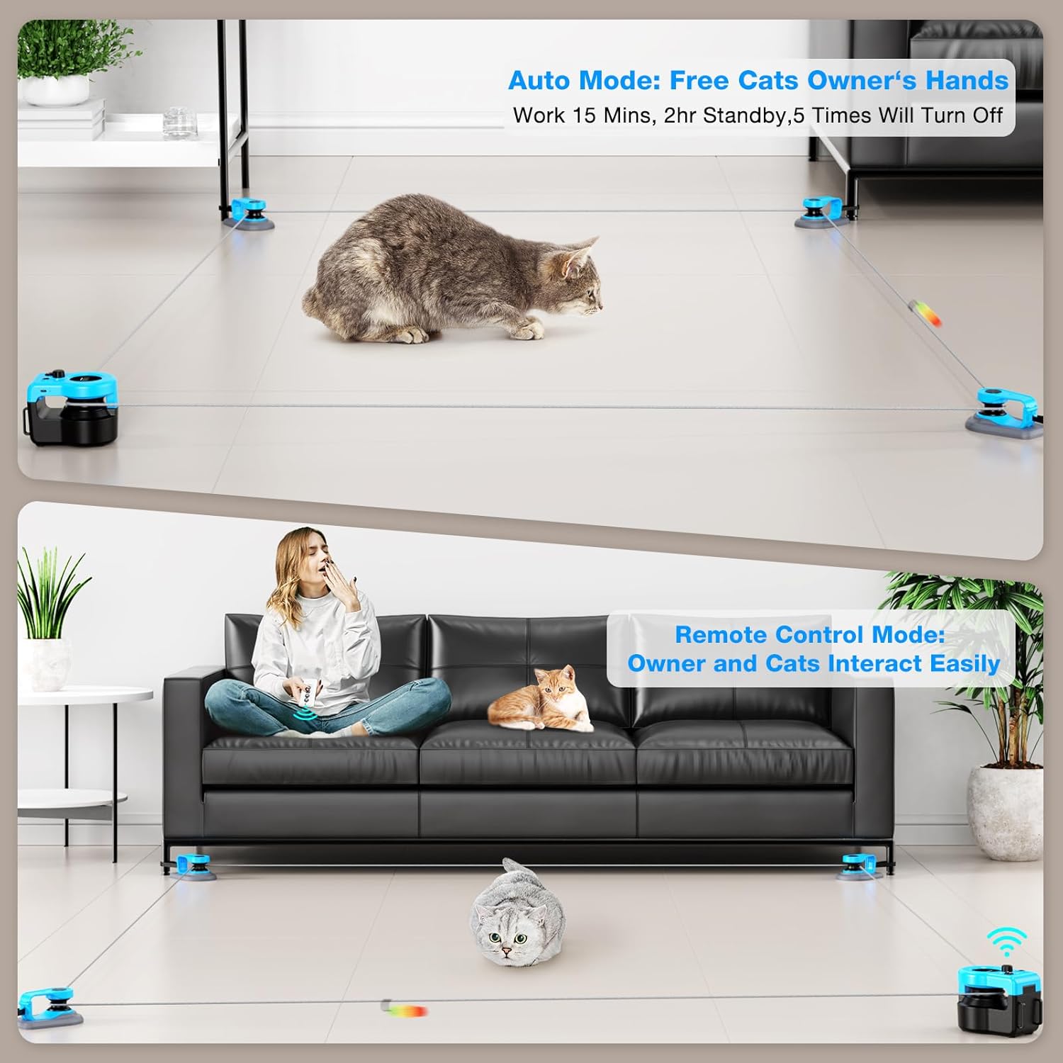 Rechargeable indoor pet exercise equipment showing wire clips and nylon cord layout