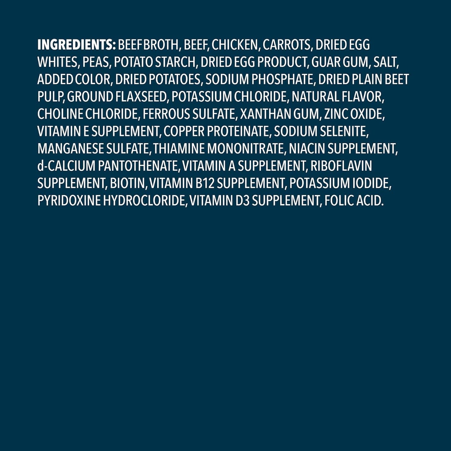 Wag wet dog food nutritional information and ingredient label close up.