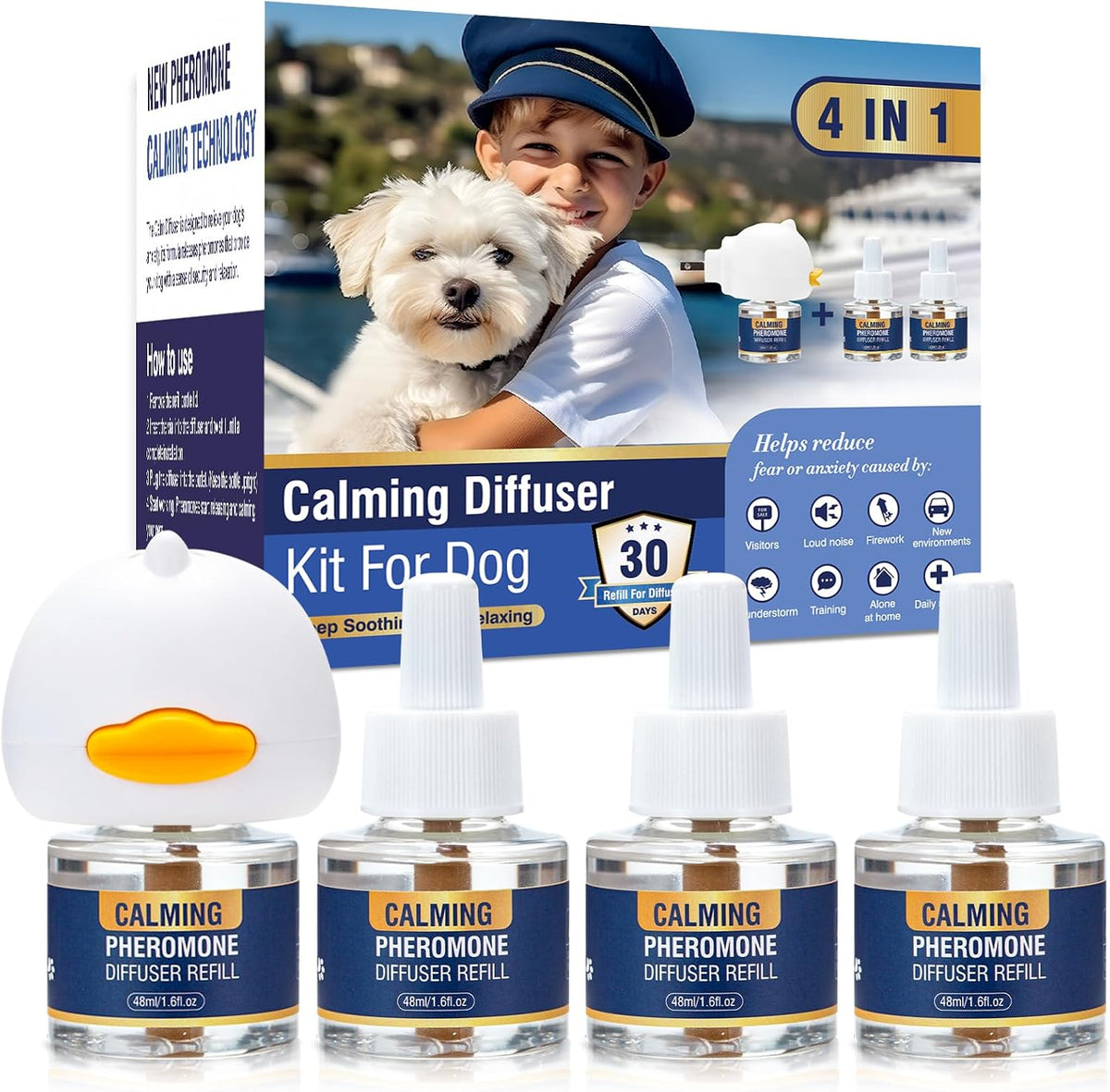 LKBHGF dog pheromone calming diffuser kit front view with plug-in device and three refill bottles