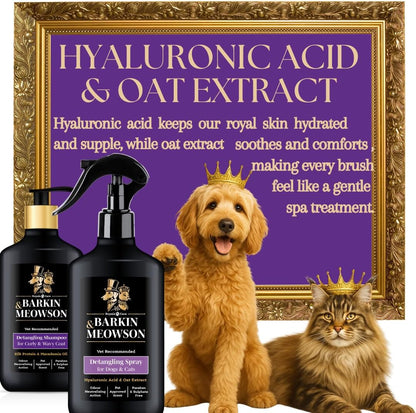 Barkin And Meowson detangling spray bottle next to grooming comb