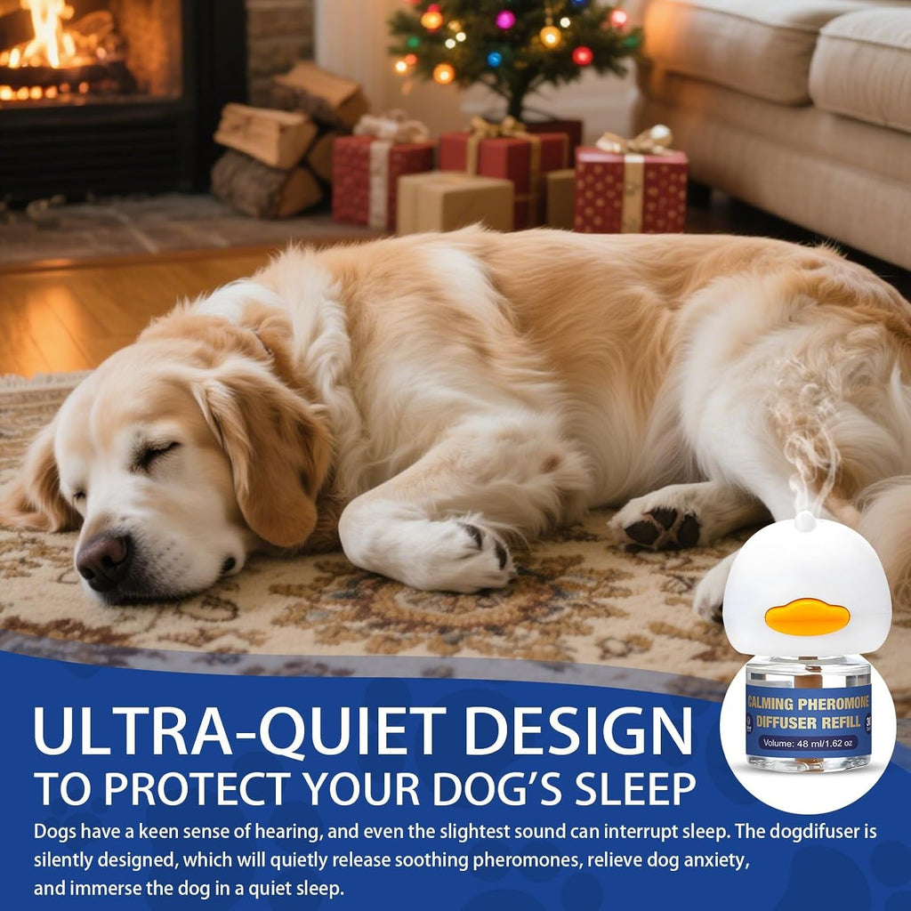 Calming pet diffuser plugged into a living room wall outlet for canine stress reduction