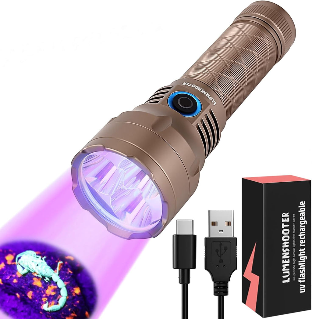The complete Lumenshooter S3U UV flashlight package including the water resistant aluminum torch and the included USB-C charging cable.