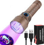 The complete Lumenshooter S3U UV flashlight package including the water resistant aluminum torch and the included USB-C charging cable.