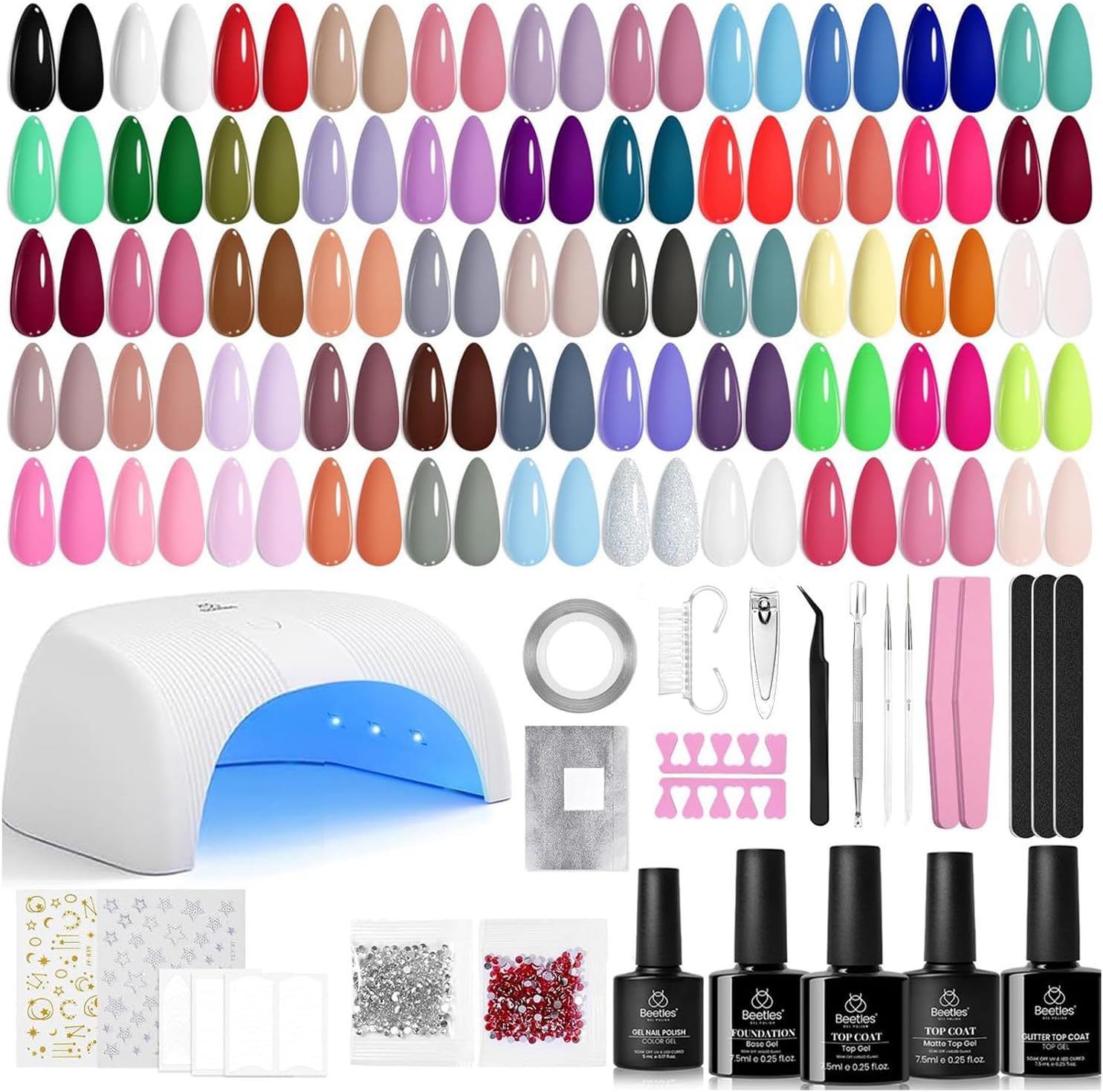 Beetles gel nail polish kit with 55 colors and UV lamp front view