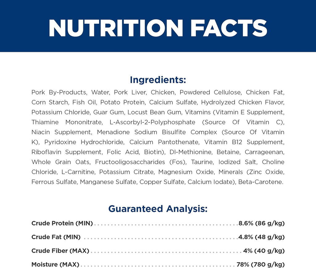 Specialized diabetic cat wet food canned minced chicken recipe nutrition panel.