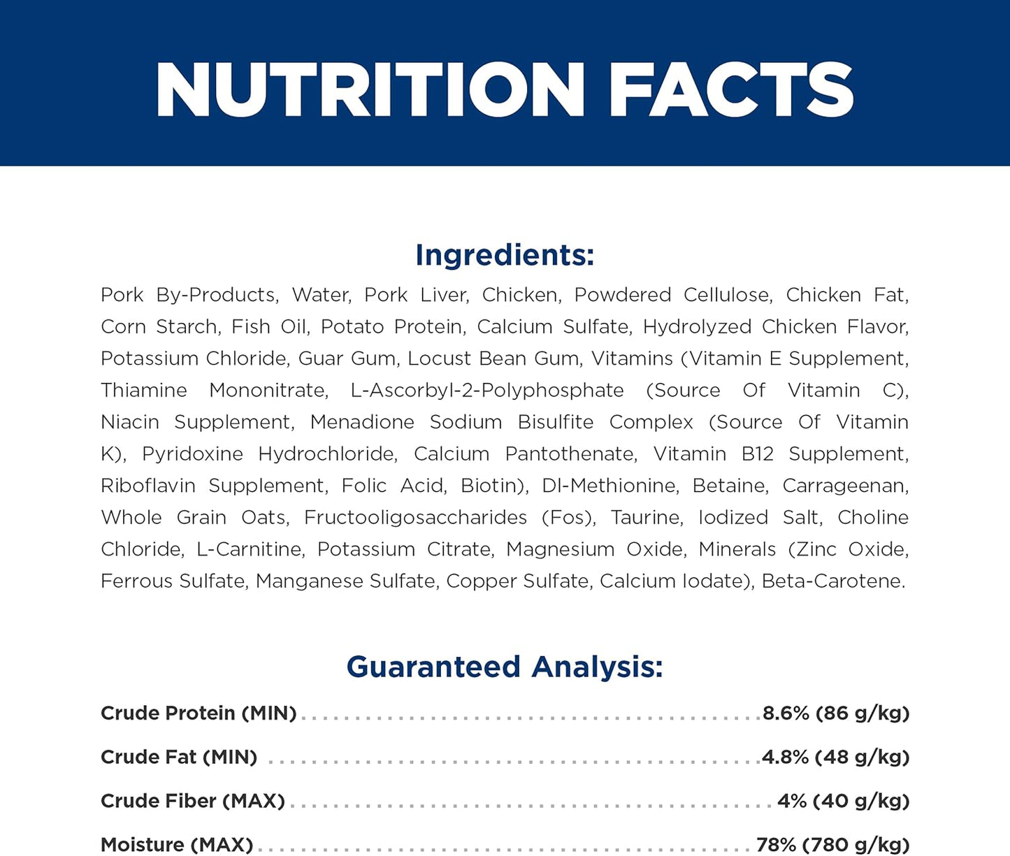 Specialized diabetic cat wet food canned minced chicken recipe nutrition panel.