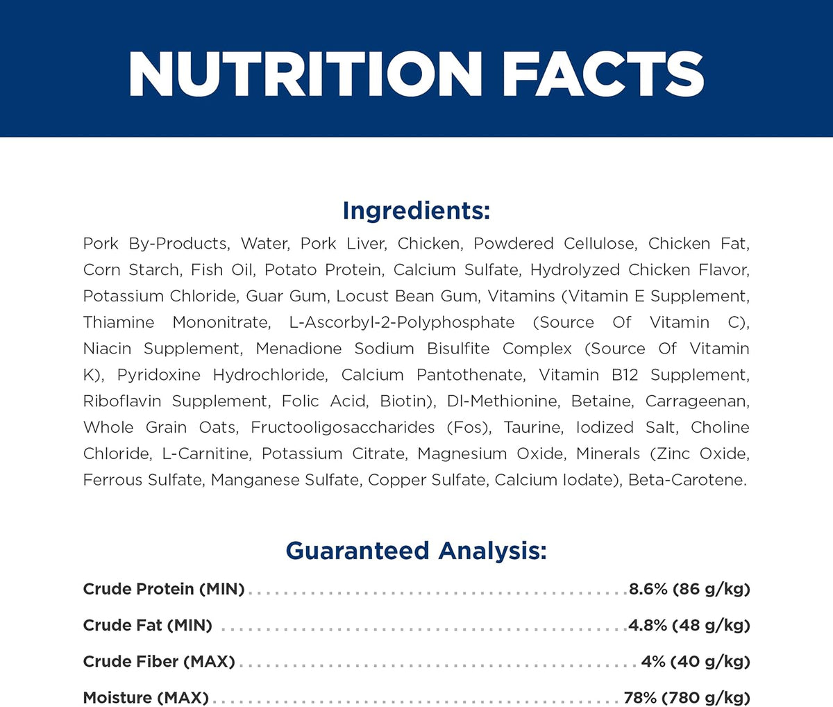 Specialized diabetic cat wet food canned minced chicken recipe nutrition panel.