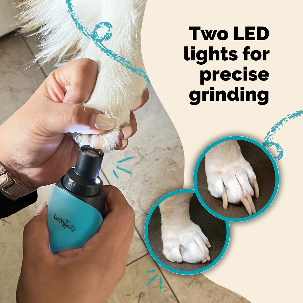 LuckyTail pet grooming tool illuminated in a dark setting showcasing the dual built-in LED lights.