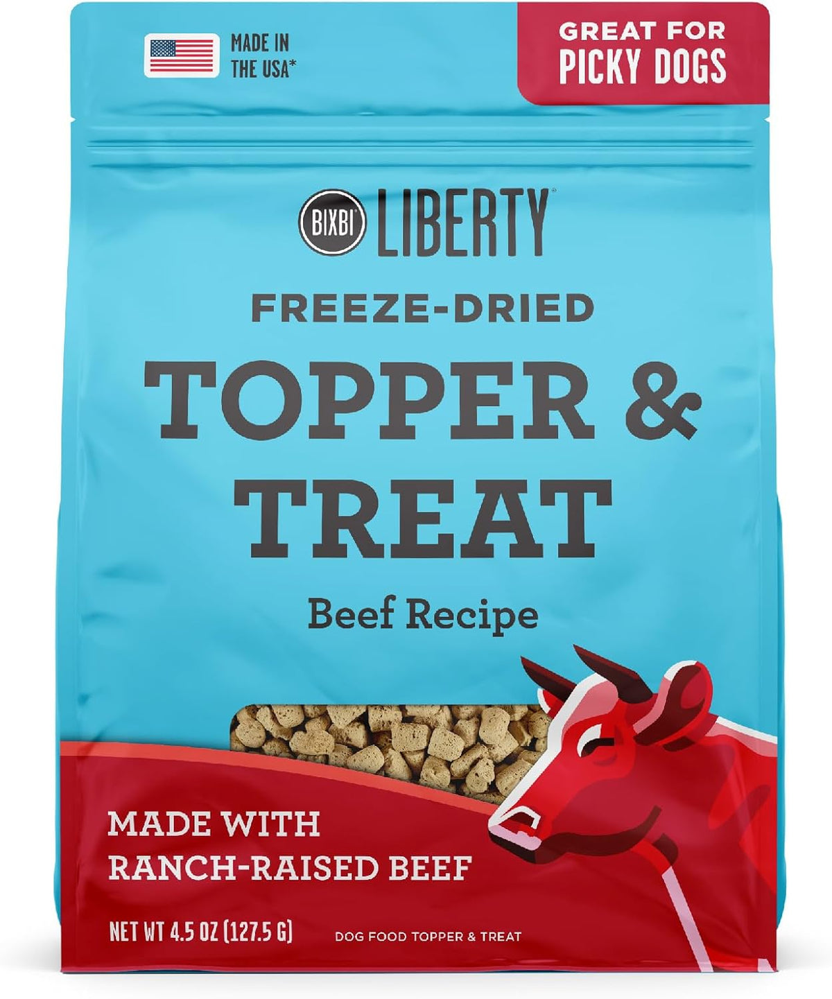 Close up view of shelf stable chicken dog food topper.