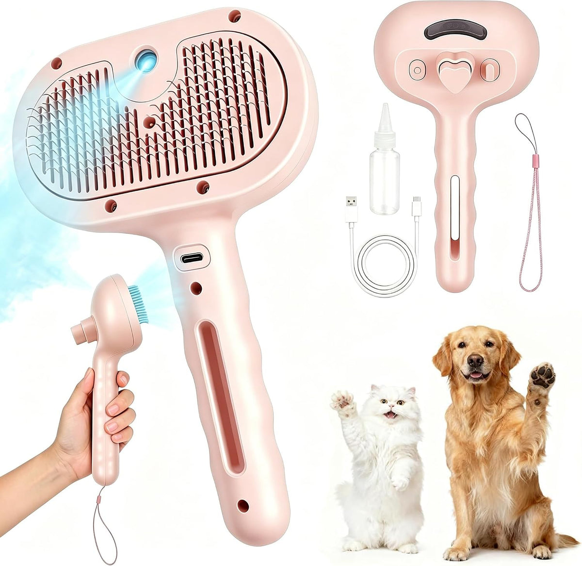 3 in 1 Dog Steam Brush with Storage Rope for Reducing Flying Fur & Static,Removed Dead Skin and Coat,Self Cleaning Pet Steam Brush,Shedding Massaging Grooming for All Type Hair - White - Image 9