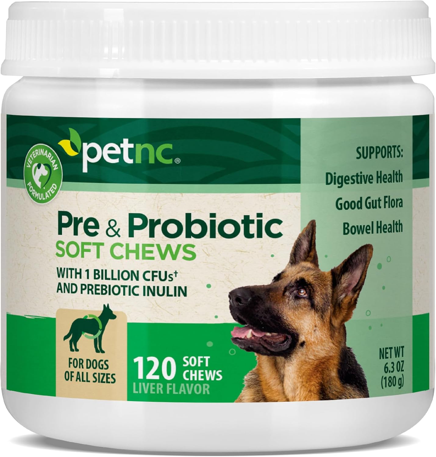 PetNC Natural Care Pre and Probiotic Soft Chews front view packaging for dog digestive health.