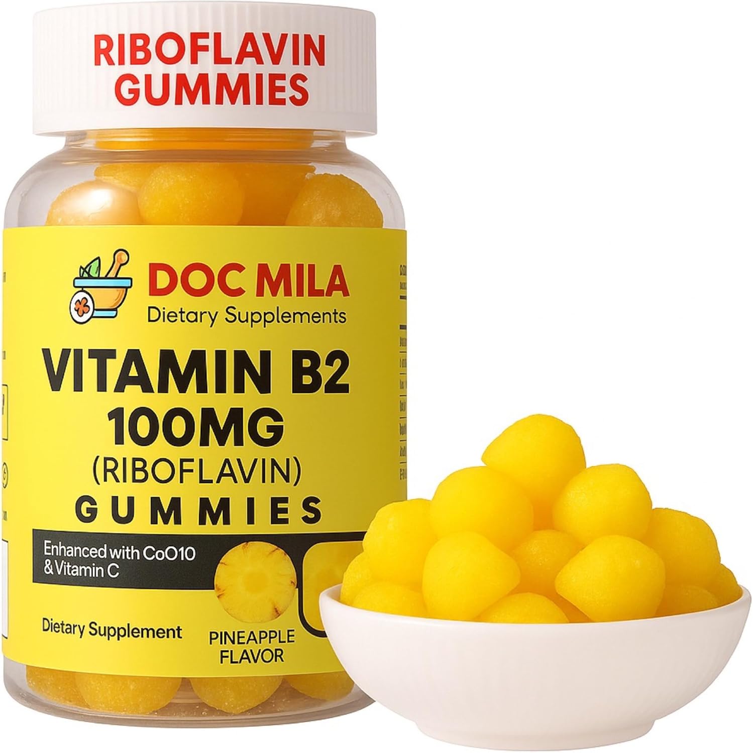 Doc Mila Vitamin B2 Riboflavin 100mg Gummies front view bottle
