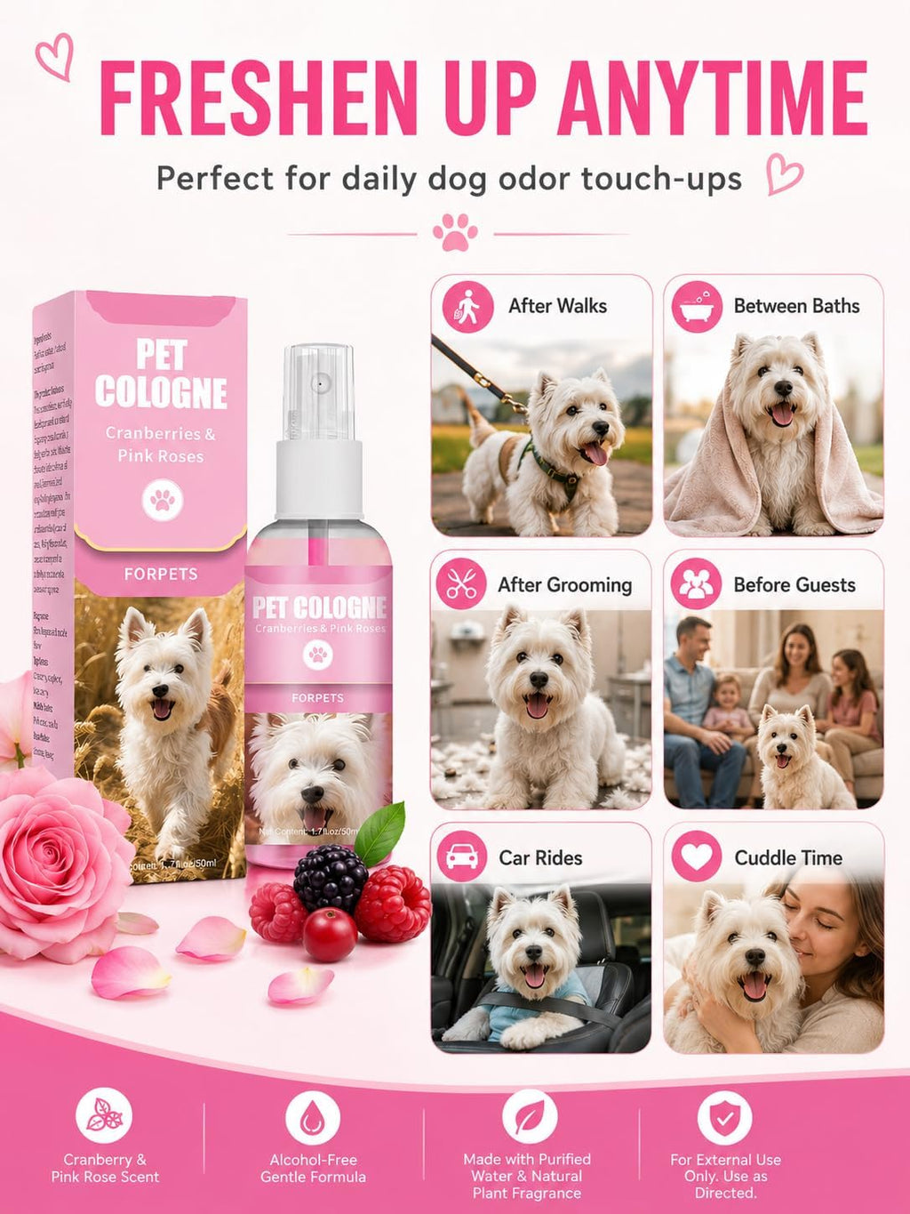 Alcohol free pet freshener spray for dogs between baths